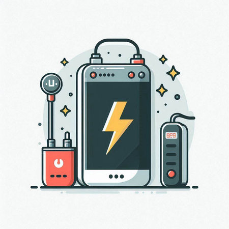 Smartphone charging with power supply. Vector illustration in flat linear style.のイラスト素材