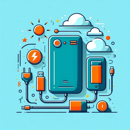Vector illustration of power bank on blue background with flat line icons.のイラスト素材