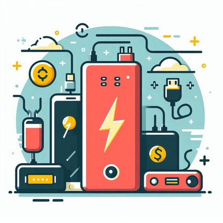 Battery charge vector flat design illustration. Battery charge, power supply, energy, electricity, electricity, electricity concept.のイラスト素材