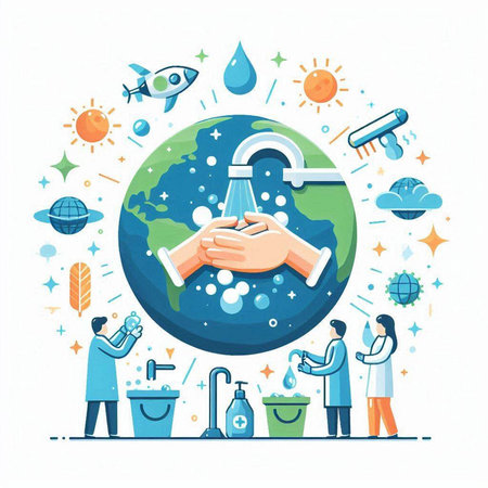 Vector illustration of people washing hands with sanitizer in the world.のイラスト素材