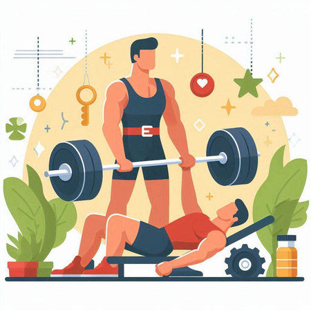 Fitness and healthy lifestyle flat vector illustration. Muscular man and woman training with barbell.のイラスト素材
