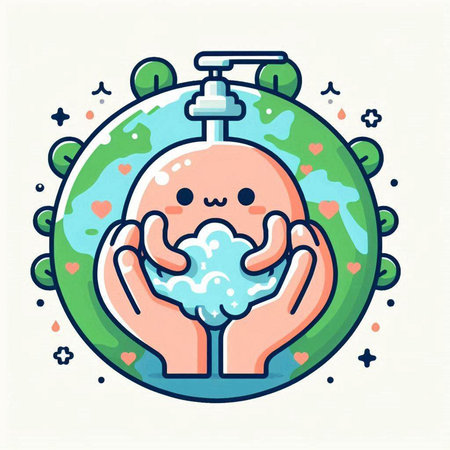 Cute illustration of hands washing the earth. Vector line art illustration.のイラスト素材