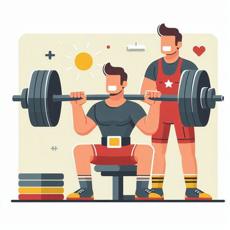 Man and woman lifting barbell in gym. Vector flat cartoon illustrationのイラスト素材