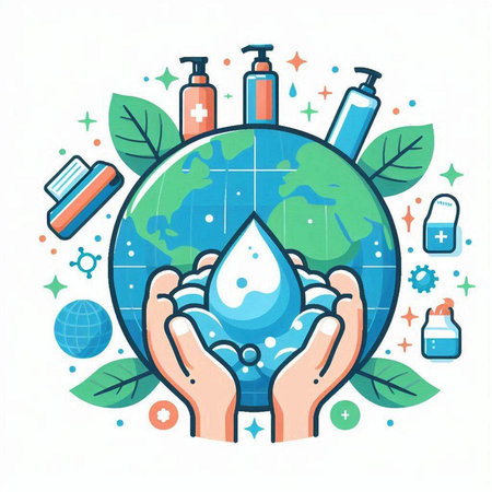 Vector illustration of hands holding Earth globe with clean water and medical supplies.のイラスト素材