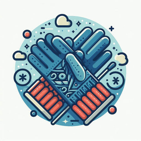 Vector illustration of hand in gloves with pyramid. Flat line art style.のイラスト素材