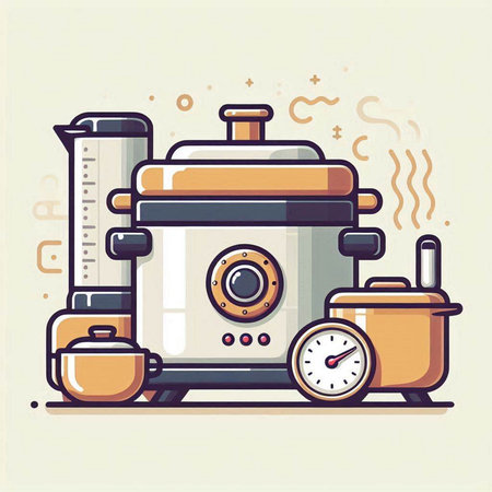 Vector illustration of modern electric multicooker in flat line style.のイラスト素材