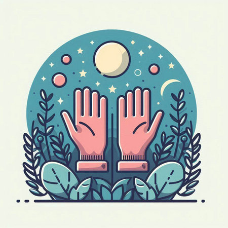 Vector illustration in flat linear style - gloves with plants and moon.のイラスト素材