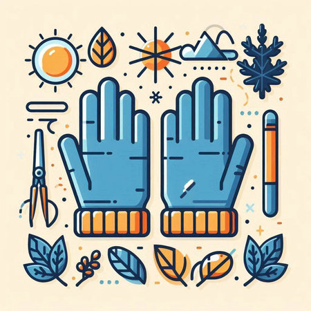 Vector linear icons set of winter sports equipment. Illustration of gloves, sun, snowflakes and other elements.のイラスト素材