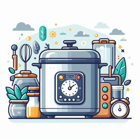 Vector illustration of a modern electric multicooker in cartoon style.のイラスト素材