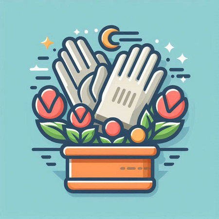 Vector illustration of gloves in flowerpot. Flat line art design.のイラスト素材
