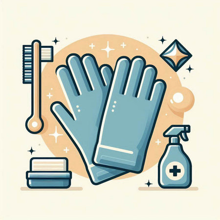Hand sanitizer bottle, gloves, toothbrush and soap. Vector illustration.のイラスト素材