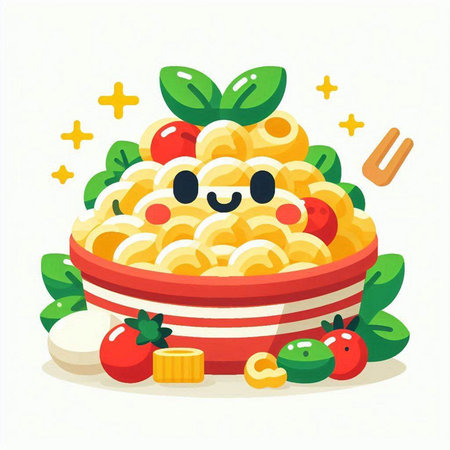 Cute macaroni in a bowl. Vector illustration in cartoon style.のイラスト素材
