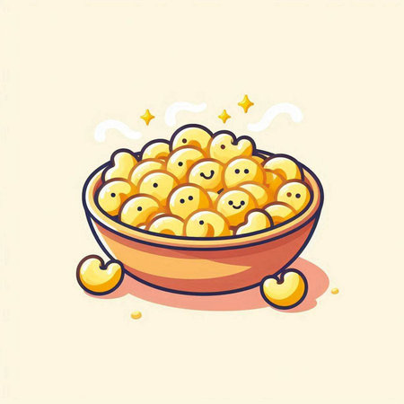 Illustration of a bowl full of popcorn with sweet cherries.のイラスト素材