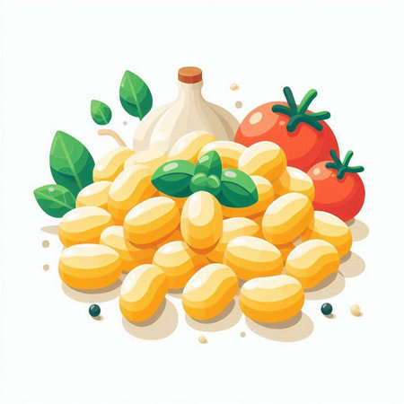 Illustration of soybeans with tomatoes and garlic on a white backgroundのイラスト素材