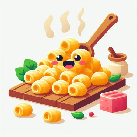 Cute cartoon macaroni with a wooden spoon. Vector illustration.のイラスト素材