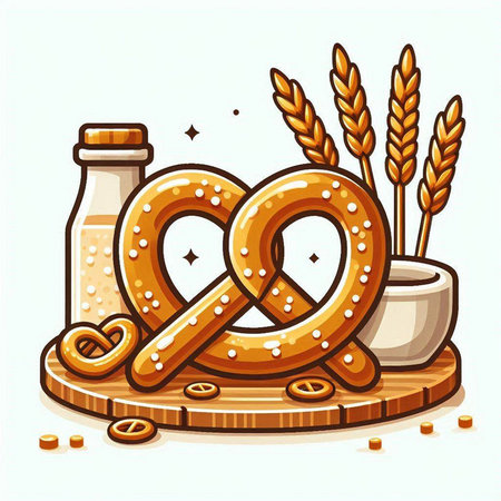 Bavarian pretzel with pretzels and wheat ears. Vector illustration.のイラスト素材