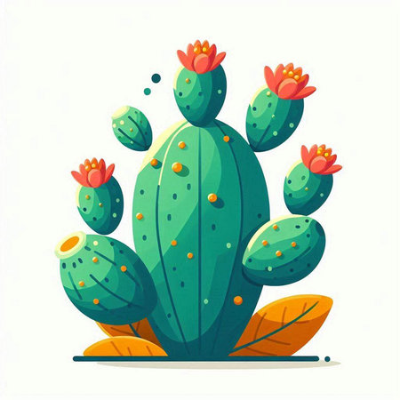 Cactus with flowers and leaves. Vector illustration in cartoon style.のイラスト素材