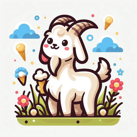 Cute cartoon goat with ice cream in the field. Vector illustration.のイラスト素材