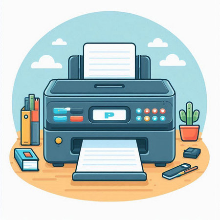 Printer and office equipment. Colorful vector illustration in cartoon styleのイラスト素材