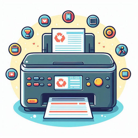 Vector illustration of a printer with a sheet of paper and icons.のイラスト素材