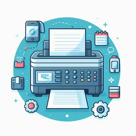 Printer with documents and icons on blue background. Vector illustration.のイラスト素材