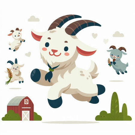 Cute cartoon goat jumping and running in the farm. Vector illustration.のイラスト素材
