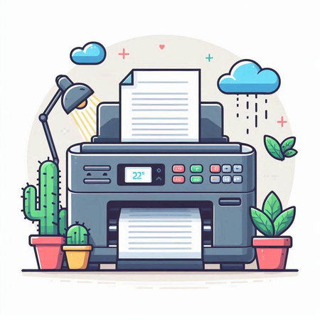 Printer with documents in the office. Flat design vector illustration.のイラスト素材