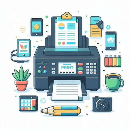 Colorful vector illustration of printer, smartphone, coffee cup, camera and other office equipment.のイラスト素材