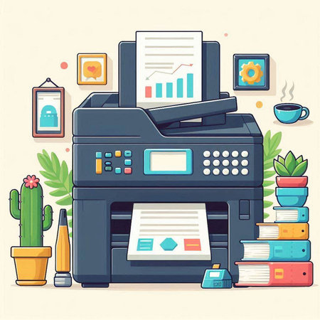 Vector illustration of printer with documents and office equipment. Flat style.のイラスト素材