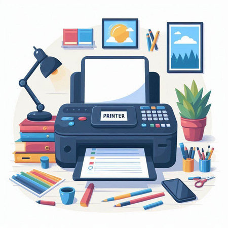 Office workplace with printer, pencils, books and other items. Vector illustrationのイラスト素材
