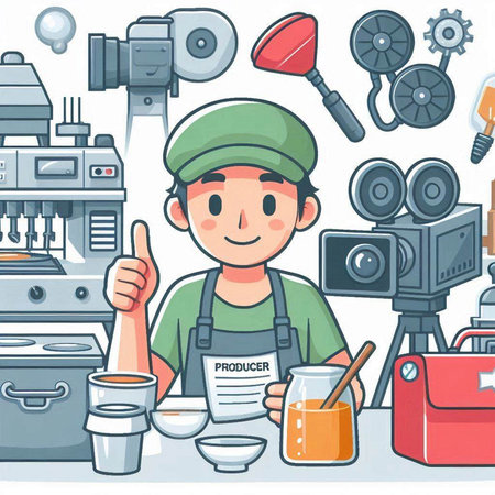 Cute cartoon boy working as a videographer. Vector illustration.のイラスト素材
