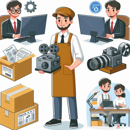 Vector illustration of a man in a brown apron with a camera.のイラスト素材