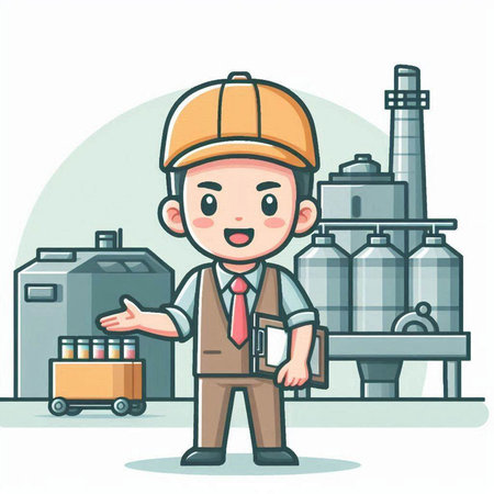 Engineer working in factory. Cute cartoon character vector illustration.のイラスト素材