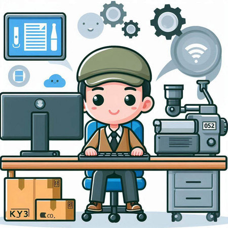 Illustration of a Young Businessman Sitting at His Desk Working on His Computerのイラスト素材
