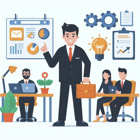 Businessman working in office with his team. Vector illustration in flat styleのイラスト素材