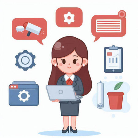 Businesswoman with laptop and social media icon set. Vector illustration.のイラスト素材