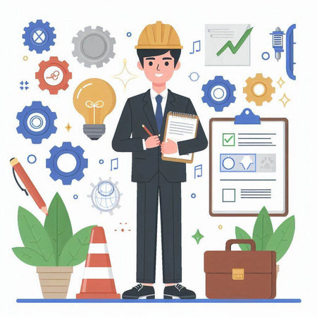 Engineer, engineer, architect, builder, engineer, architect, engineer, engineer, architect, builder, vector illustration.のイラスト素材