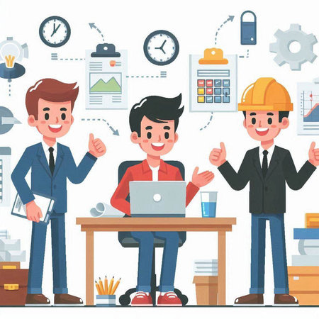 Vector illustration of happy businessman and engineer working in office. Teamwork concept.のイラスト素材