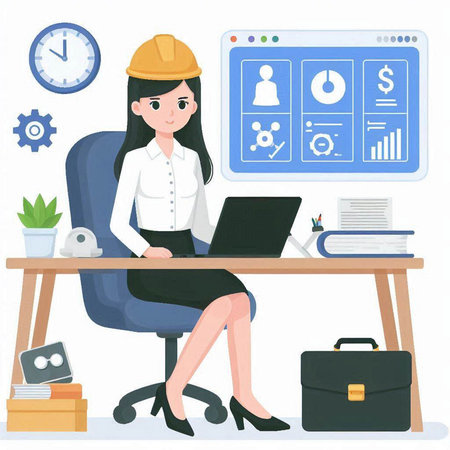 Business woman in hardhat sitting at the desk and working on laptopのイラスト素材