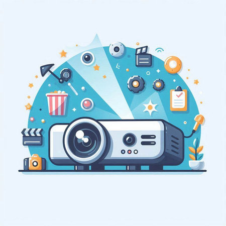 Vector illustration of a movie projector with different media icons on blue backgroundのイラスト素材