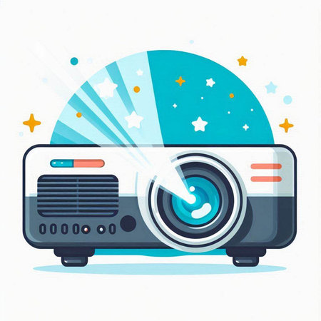 Vector illustration of a retro cinema projector on white background with stars.のイラスト素材