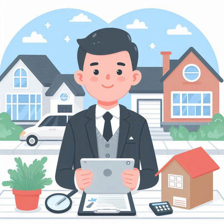 Real estate agent in front of a house. Flat design vector illustration.のイラスト素材