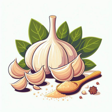 Garlic and spices on a white background. Vector illustration in cartoon style.のイラスト素材