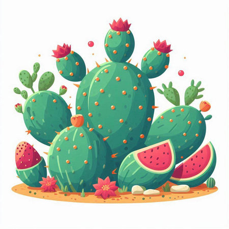 Prickly pear cactus with red flowers. Vector cartoon illustration.のイラスト素材