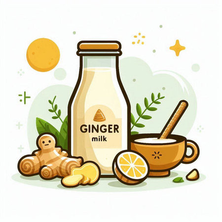 Ginger milk in a glass bottle with a spoon, ginger, lemon and honey. Vector illustration.のイラスト素材