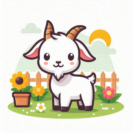 Cute goat standing on the grass in the garden. Vector illustration.のイラスト素材