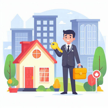 Real estate agent with house and key. Vector illustration in cartoon styleのイラスト素材