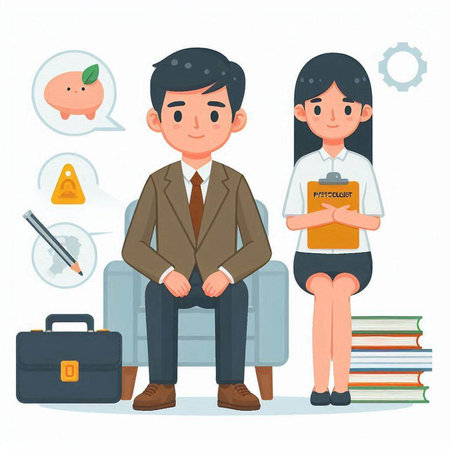 Businessman and businesswoman sitting on sofa with briefcase. Vector illustration.のイラスト素材