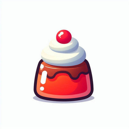 Jelly with whipped cream and cherry. Vector illustration in cartoon styleのイラスト素材