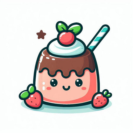 Cute chocolate pudding with whipped cream and strawberry cartoon vector illustration.のイラスト素材